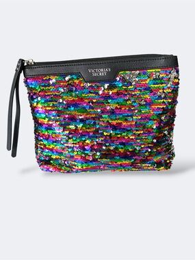 Victoria's Secret Rainbow Silver Sequin Cosmetic Beauty Clutch with Black Trim